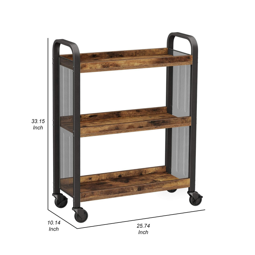 33 Inch Rolling Kitchen Bar Cart 3 Shelves Black Steel Brown Wood By Casagear Home BM315822