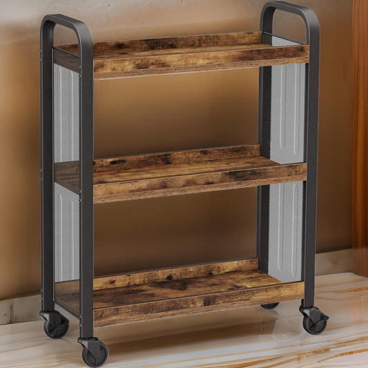 33 Inch Rolling Kitchen Bar Cart 3 Shelves Black Steel Brown Wood By Casagear Home BM315822