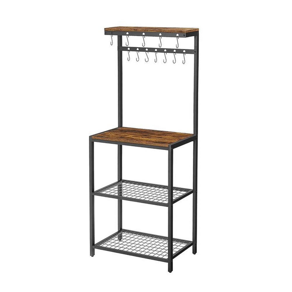 60 Inch Kitchen Storage Rack, 3 Tier Shelves, Hanging Hooks, Black Iron By Casagear Home