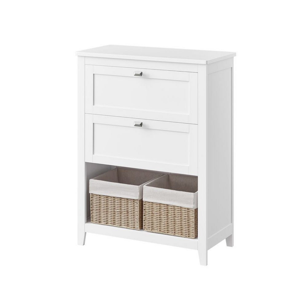 31 Inch Storage Cabinet with 2 Drawers and Baskets, Divider, White Wood By Casagear Home