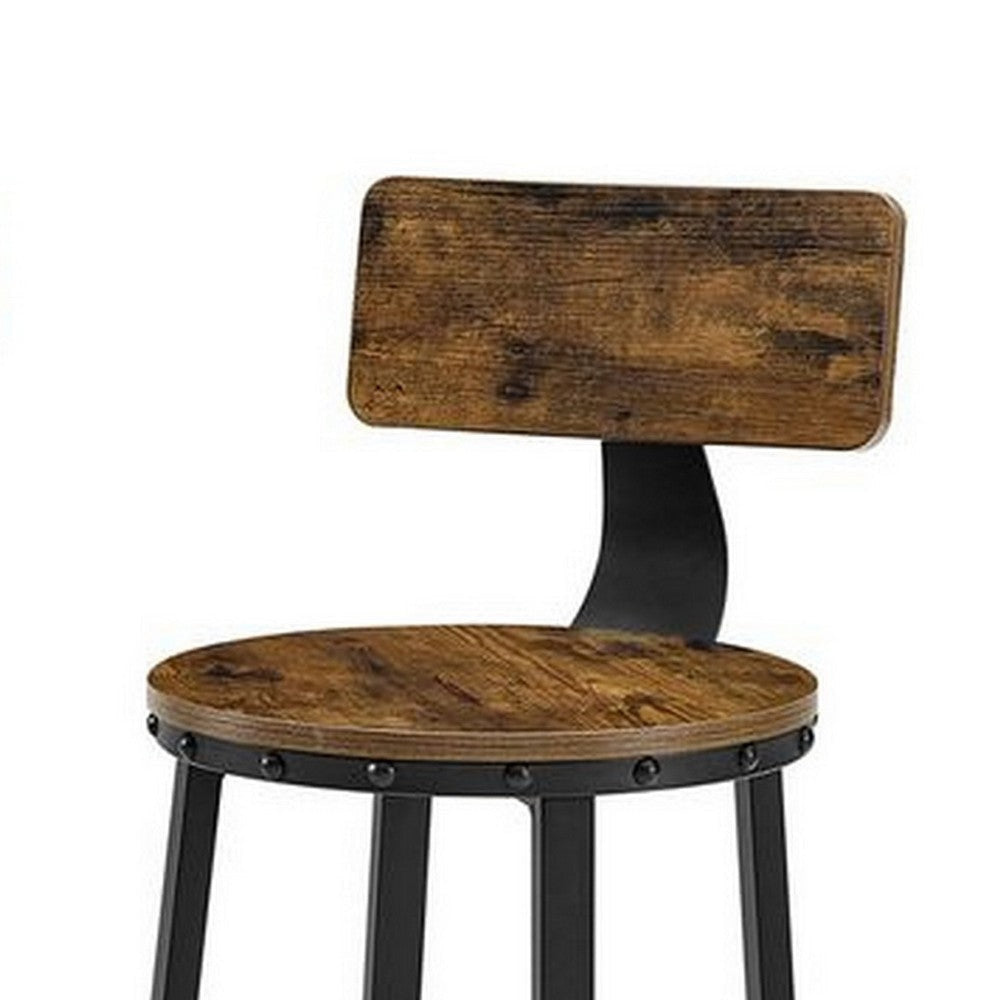 29 Inch Modern Barstool Chair Set of 2 Panel Back Brown Wood Black Iron By Casagear Home BM315827