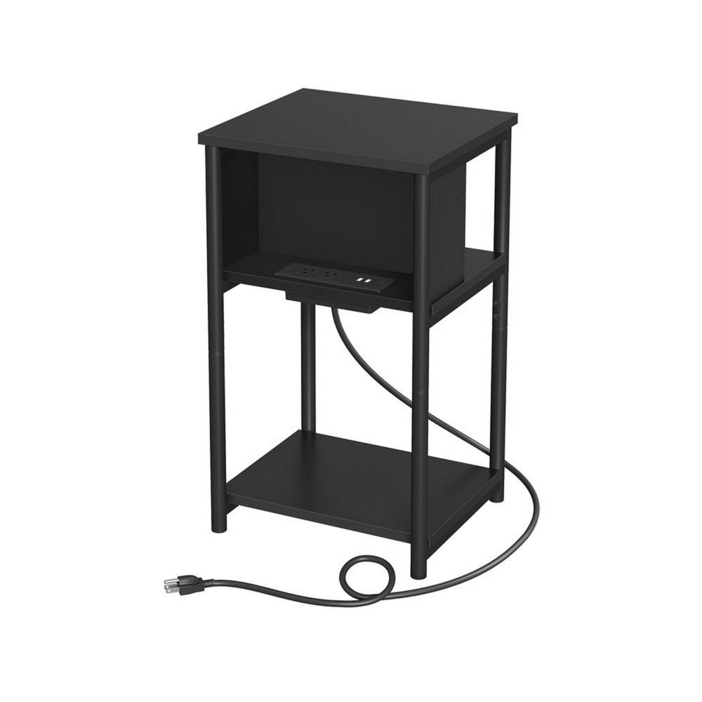 23 Inch Side End Table, USB Charging Point, Open Shelf, Black Steel Wood By Casagear Home