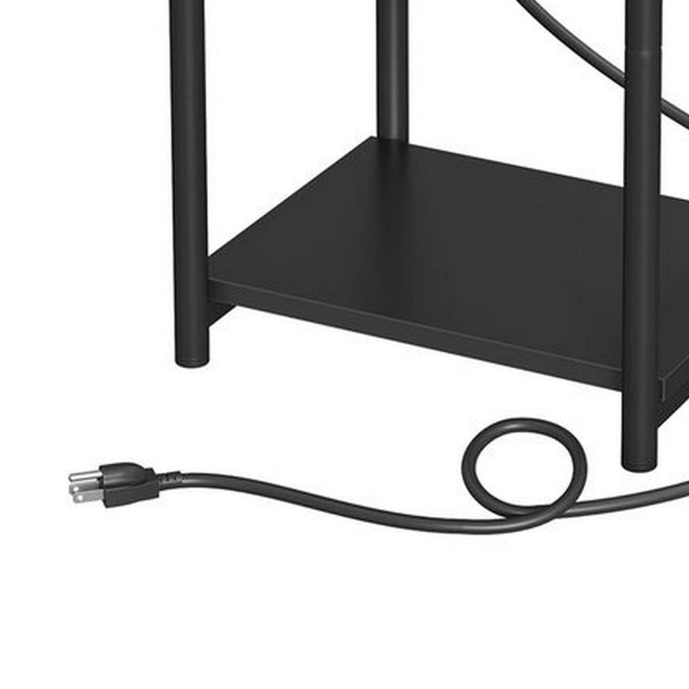 23 Inch Side End Table, USB Charging Point, Open Shelf, Black Steel Wood By Casagear Home