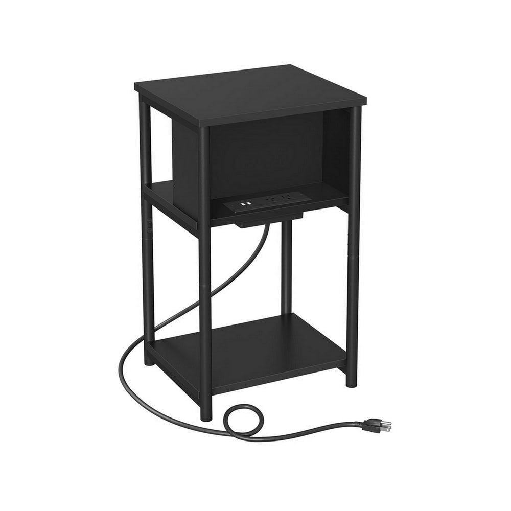 23 Inch Side End Table USB Charging Point Open Shelf Black Steel Wood By Casagear Home BM315831