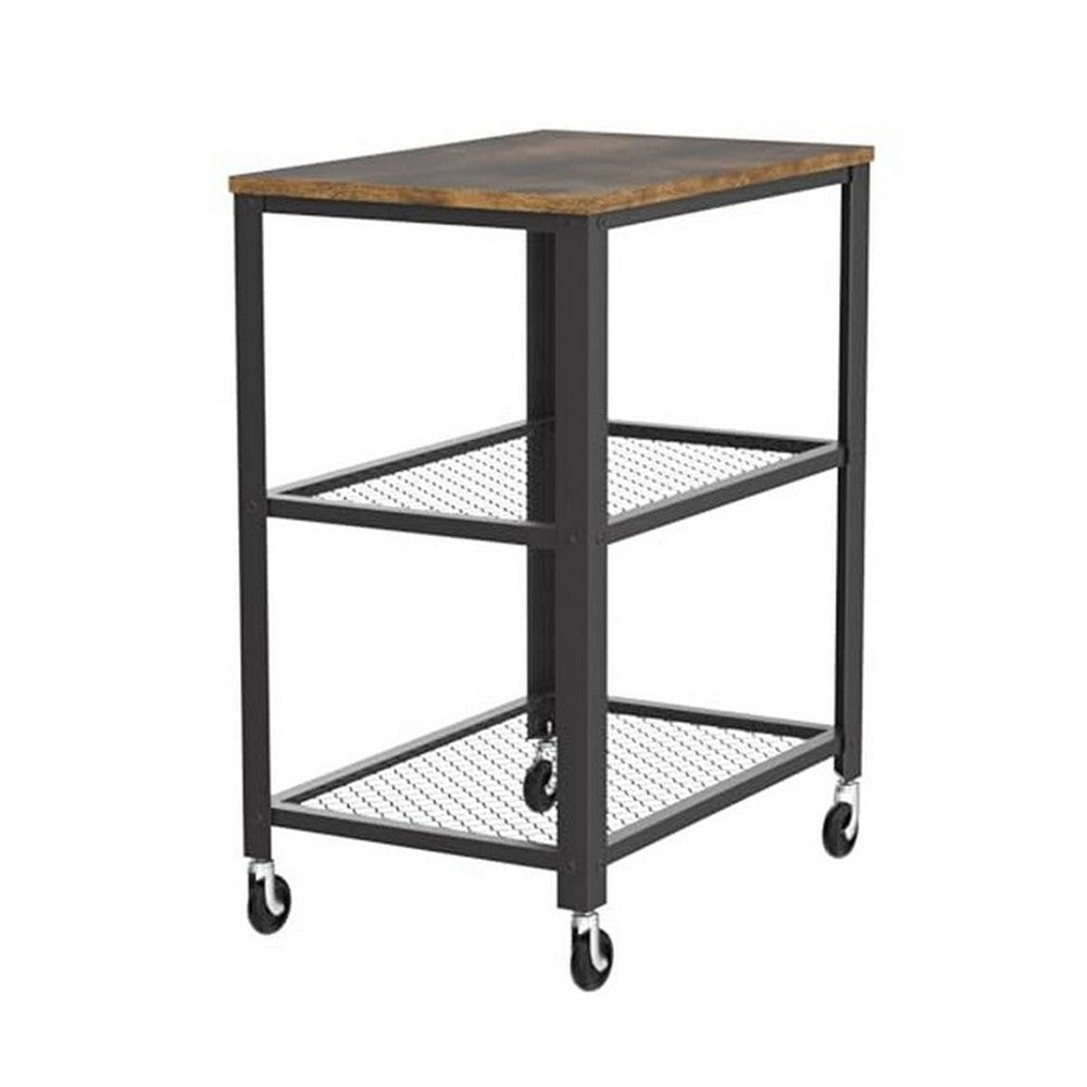 31 Inch Kitchen Rolling Bar Cart 3 Tier Brown Wood Top Black Steel By Casagear Home BM315833