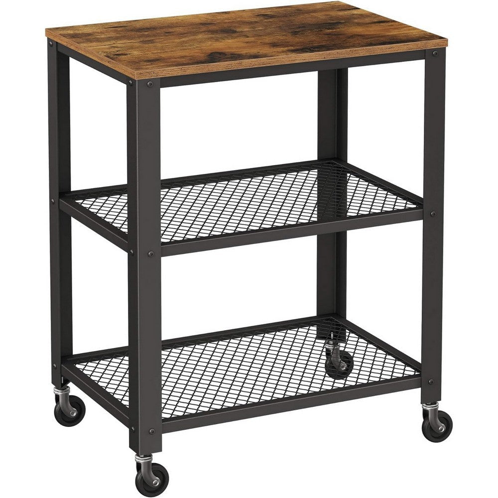 31 Inch Kitchen Rolling Bar Cart 3 Tier Brown Wood Top Black Steel By Casagear Home BM315833