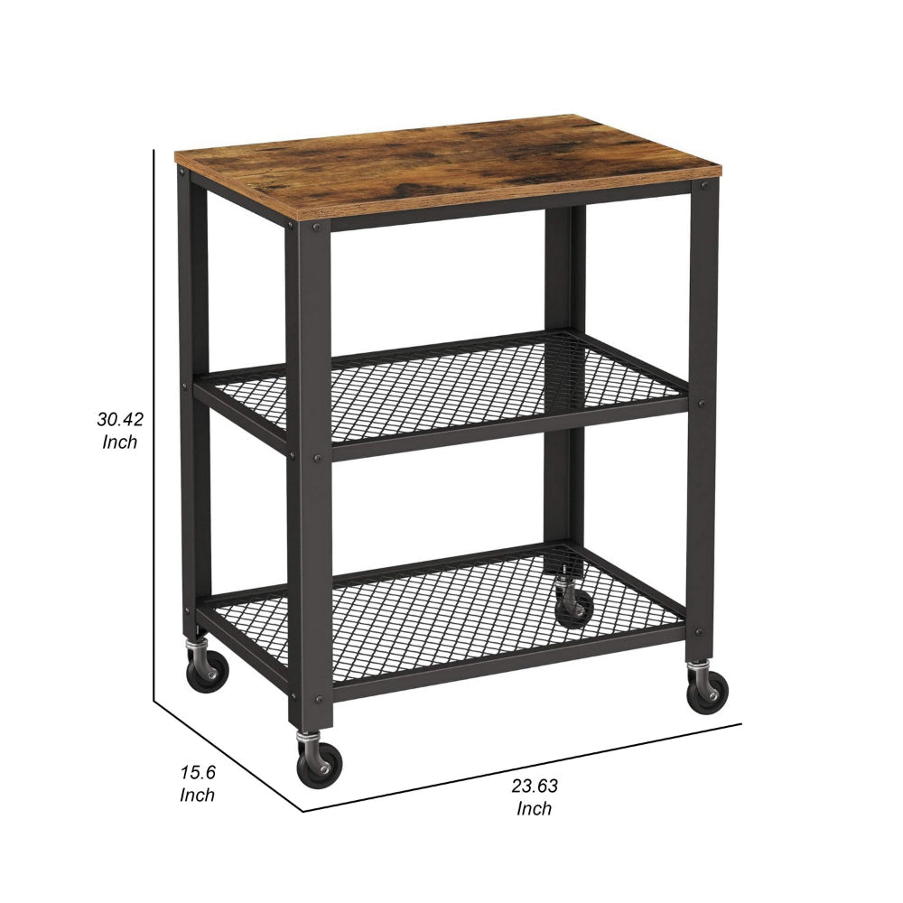 31 Inch Kitchen Rolling Bar Cart 3 Tier Brown Wood Top Black Steel By Casagear Home BM315833