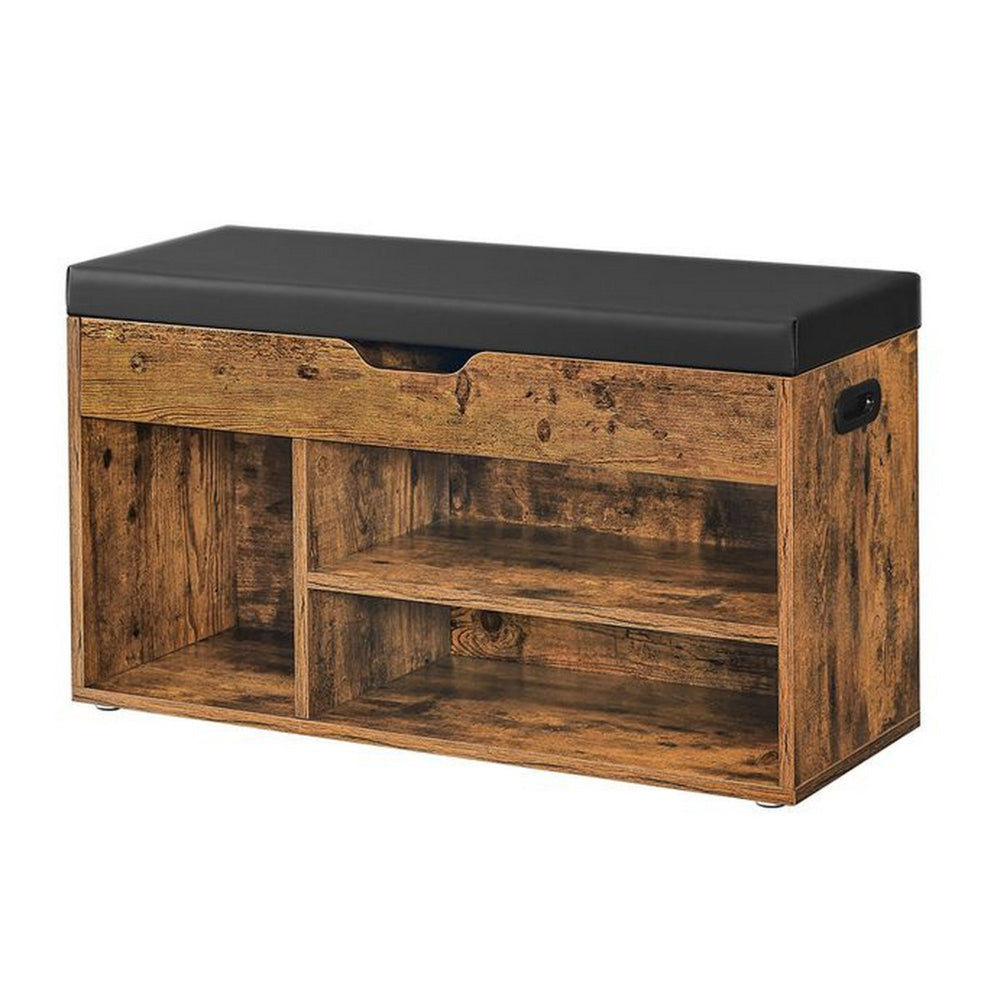 31 Inch Storage Bench with Black Padded Seat, Open Shelves, Brown Wood By Casagear Home