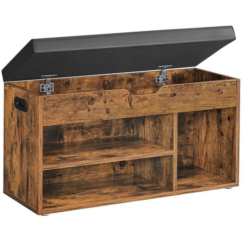 31 Inch Storage Bench with Black Padded Seat, Open Shelves, Brown Wood By Casagear Home