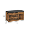 31 Inch Storage Bench with Black Padded Seat, Open Shelves, Brown Wood By Casagear Home
