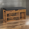 31 Inch Storage Bench with Black Padded Seat, Open Shelves, Brown Wood By Casagear Home