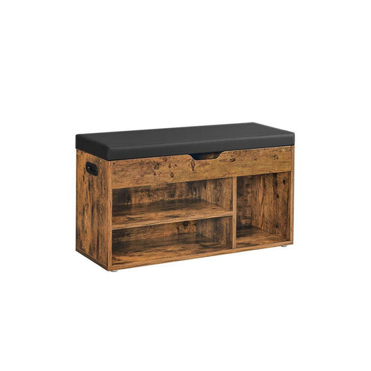 31 Inch Storage Bench with Black Padded Seat, Open Shelves, Brown Wood By Casagear Home