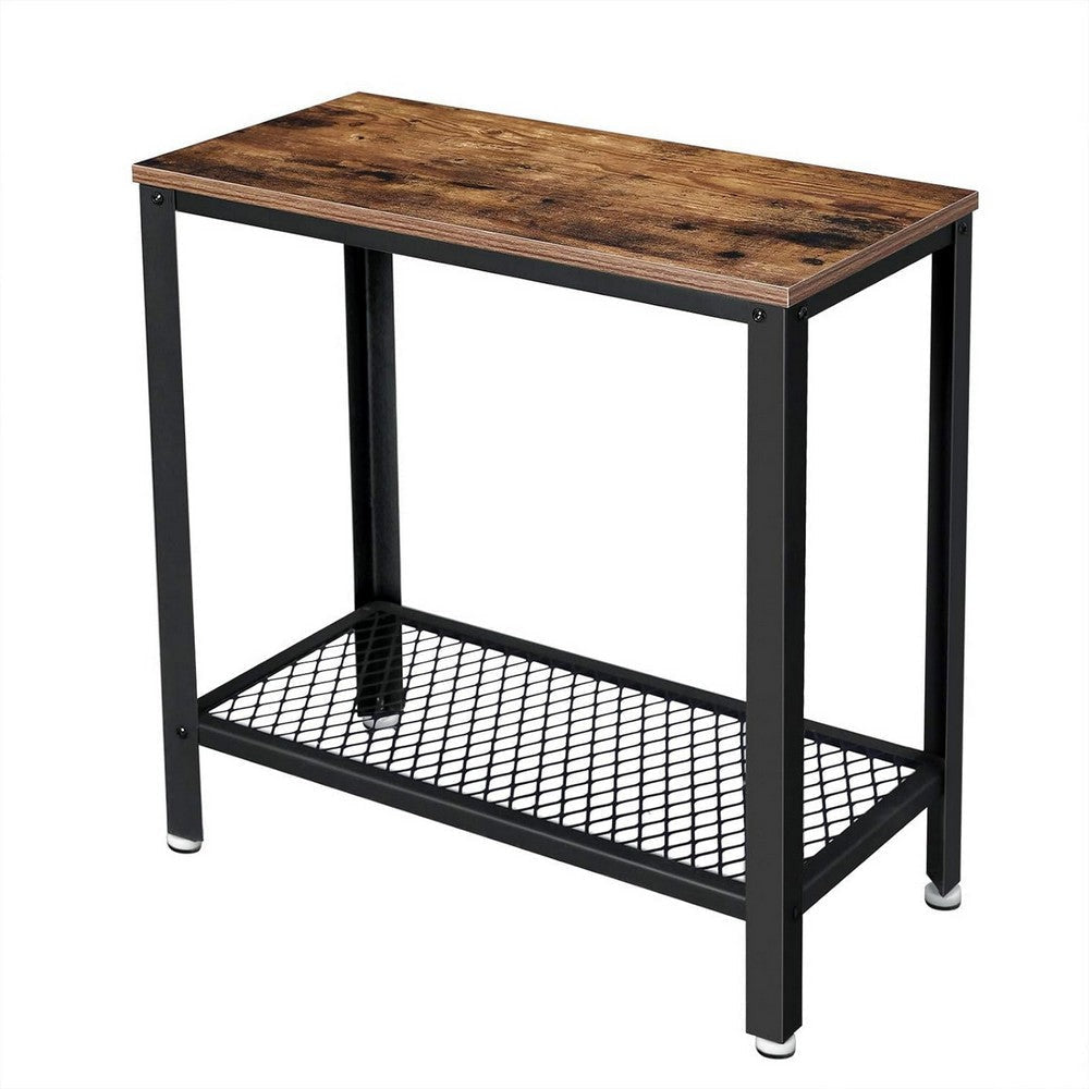 24 Inch Industrial Side Table with Mesh Grid Shelf Black Steel Brown Wood By Casagear Home BM315836