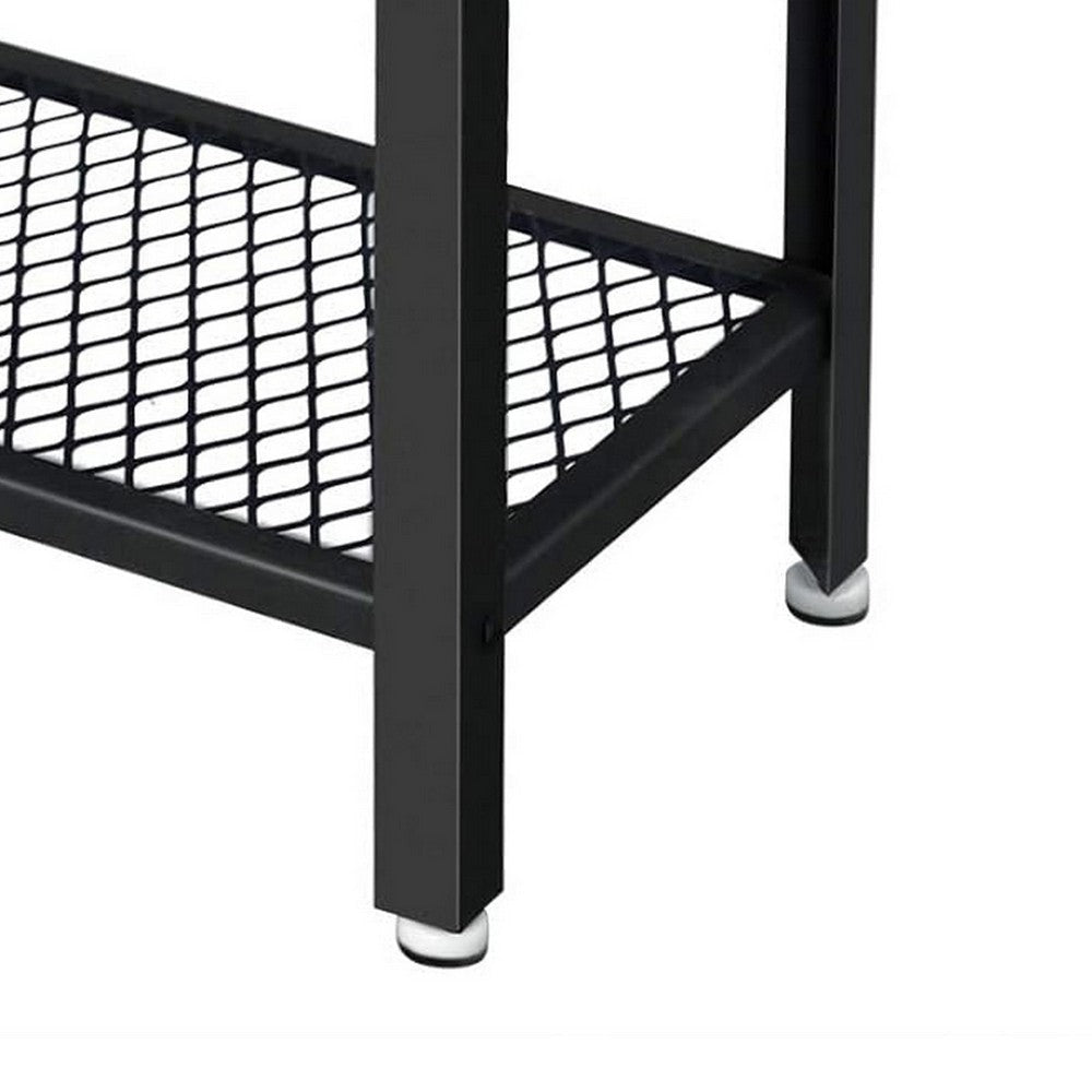 24 Inch Industrial Side Table with Mesh Grid Shelf Black Steel Brown Wood By Casagear Home BM315836