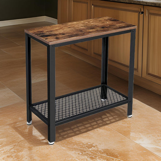 24 Inch Industrial Side Table with Mesh Grid Shelf, Black Steel Brown Wood By Casagear Home