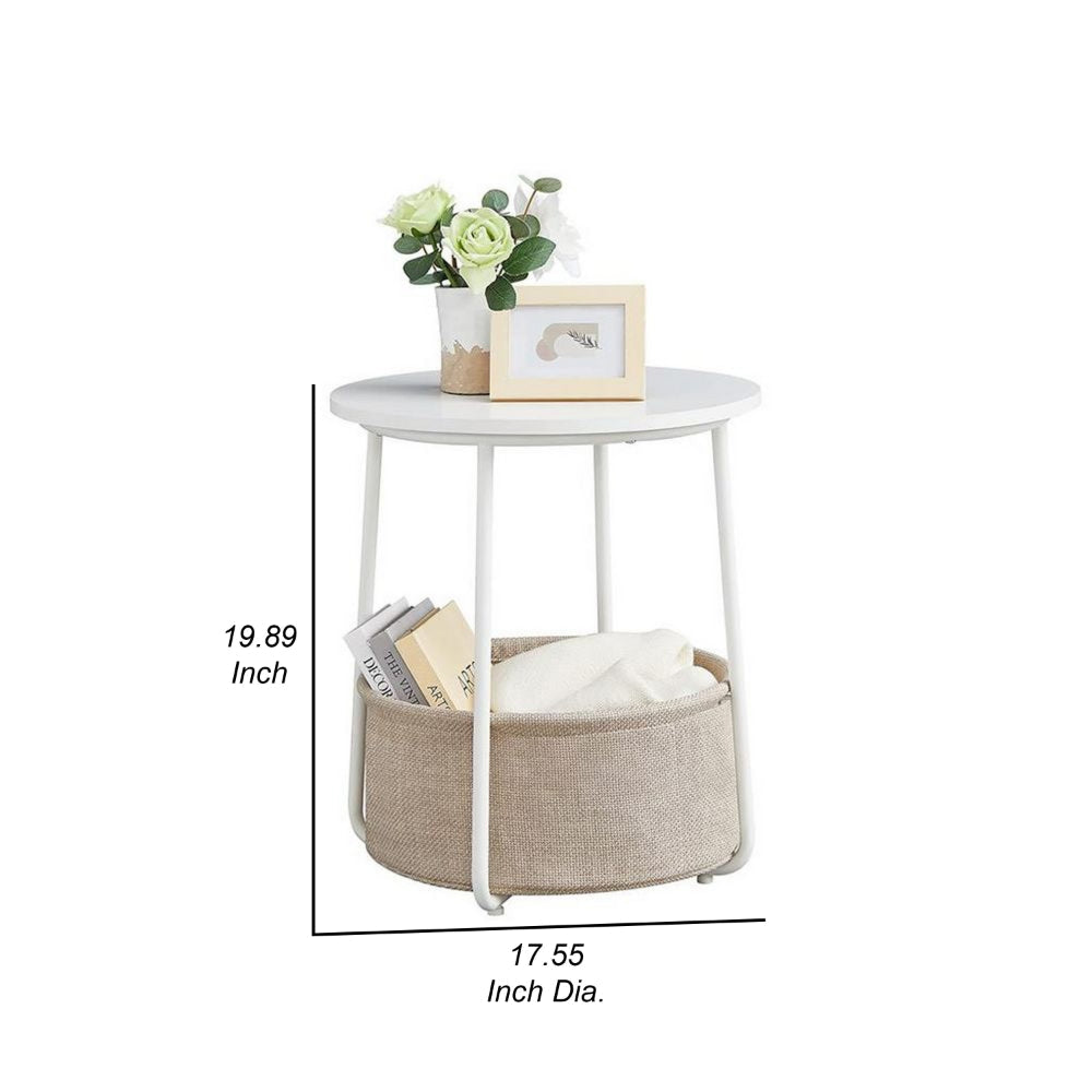 Hym 20 Inch Side End Table with Beige Fabric Basket, White Round Top, Steel By Casagear Home