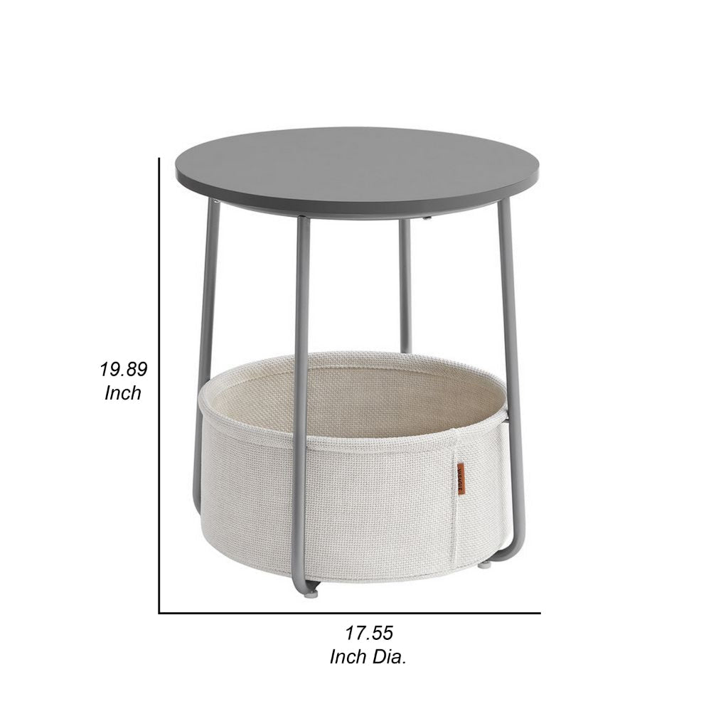 Hym 20 Inch Side End Table with White Fabric Basket Gray Round Top Steel By Casagear Home BM315841