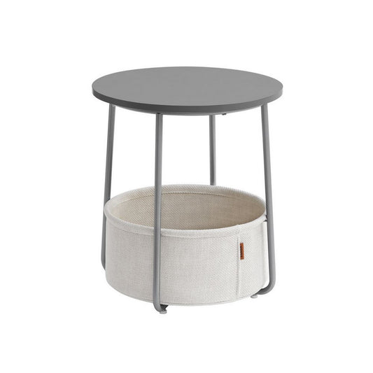 Hym 20 Inch Side End Table with White Fabric Basket, Gray Round Top, Steel By Casagear Home