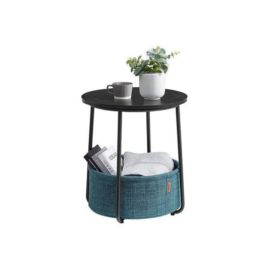 Hym 20 Inch Side End Table with Green Fabric Basket, Black Round Top Steel By Casagear Home