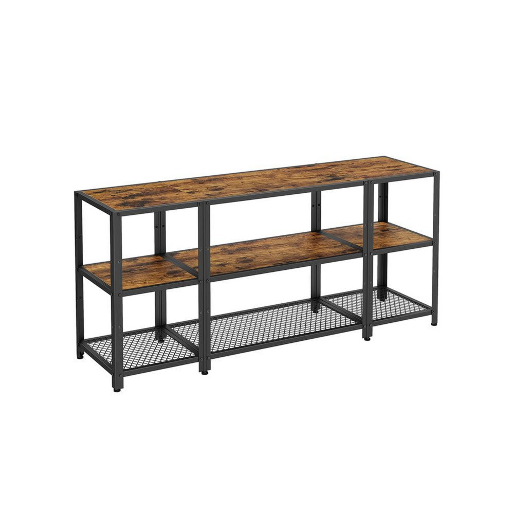 Jen 58 Inch TV Entertainment Console Layered Open Shelves Black Brown By Casagear Home BM315844