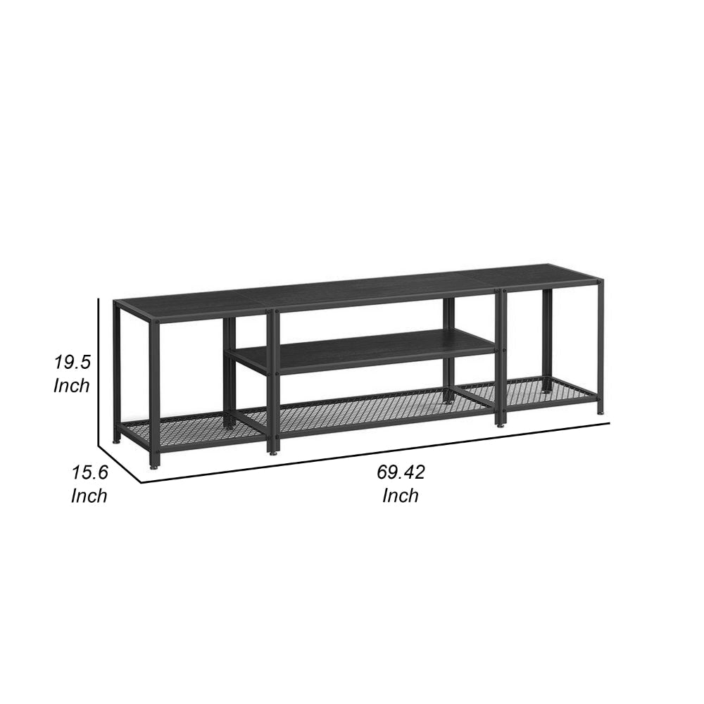 Sen 70 Inch TV Media Entertainment Console, Open Center Shelf, Black, Wood By Casagear Home