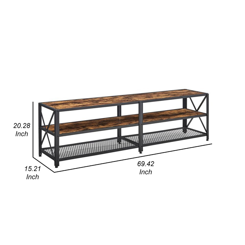 70 Inch TV Media Entertainment Console, 2 Open Shelf Tiers, Black, Brown By Casagear Home