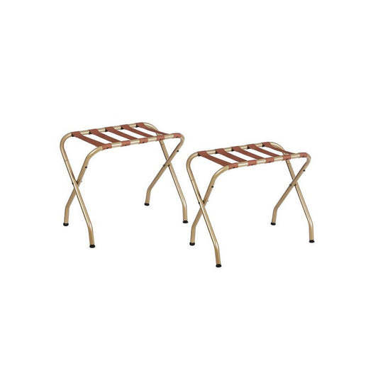 Rami 27 Inch Luggage Rack Set of 2, Fabric Strips Shelf, Gold Metal By Casagear Home