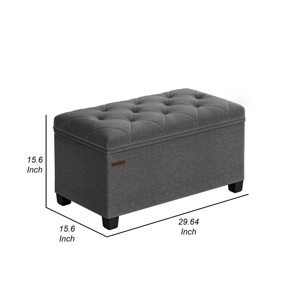 Neru 30 Inch Storage Ottoman Bench, Tufted Removable Top, Gray Poly Linen By Casagear Home