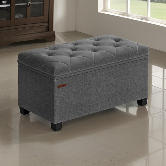 Neru 30 Inch Storage Ottoman Bench, Tufted Removable Top, Gray Poly Linen By Casagear Home