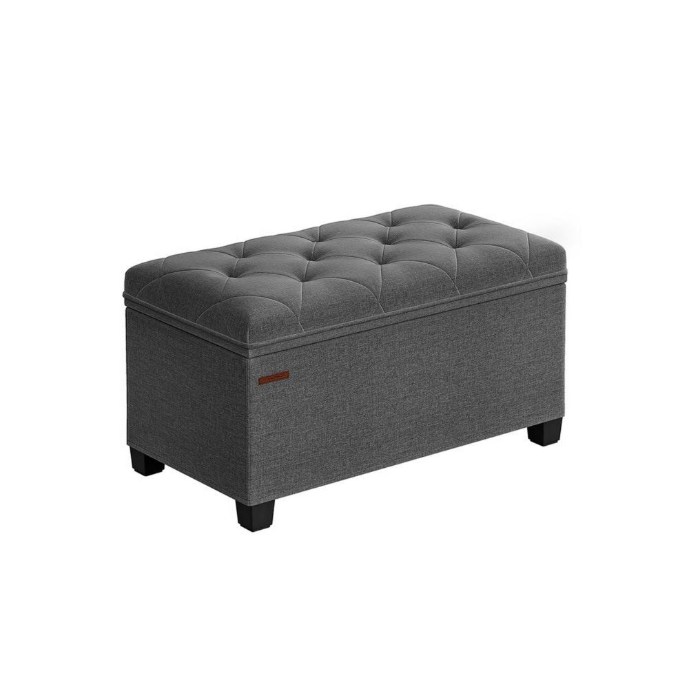 Neru 30 Inch Storage Ottoman Bench, Tufted Removable Top, Gray Poly Linen By Casagear Home