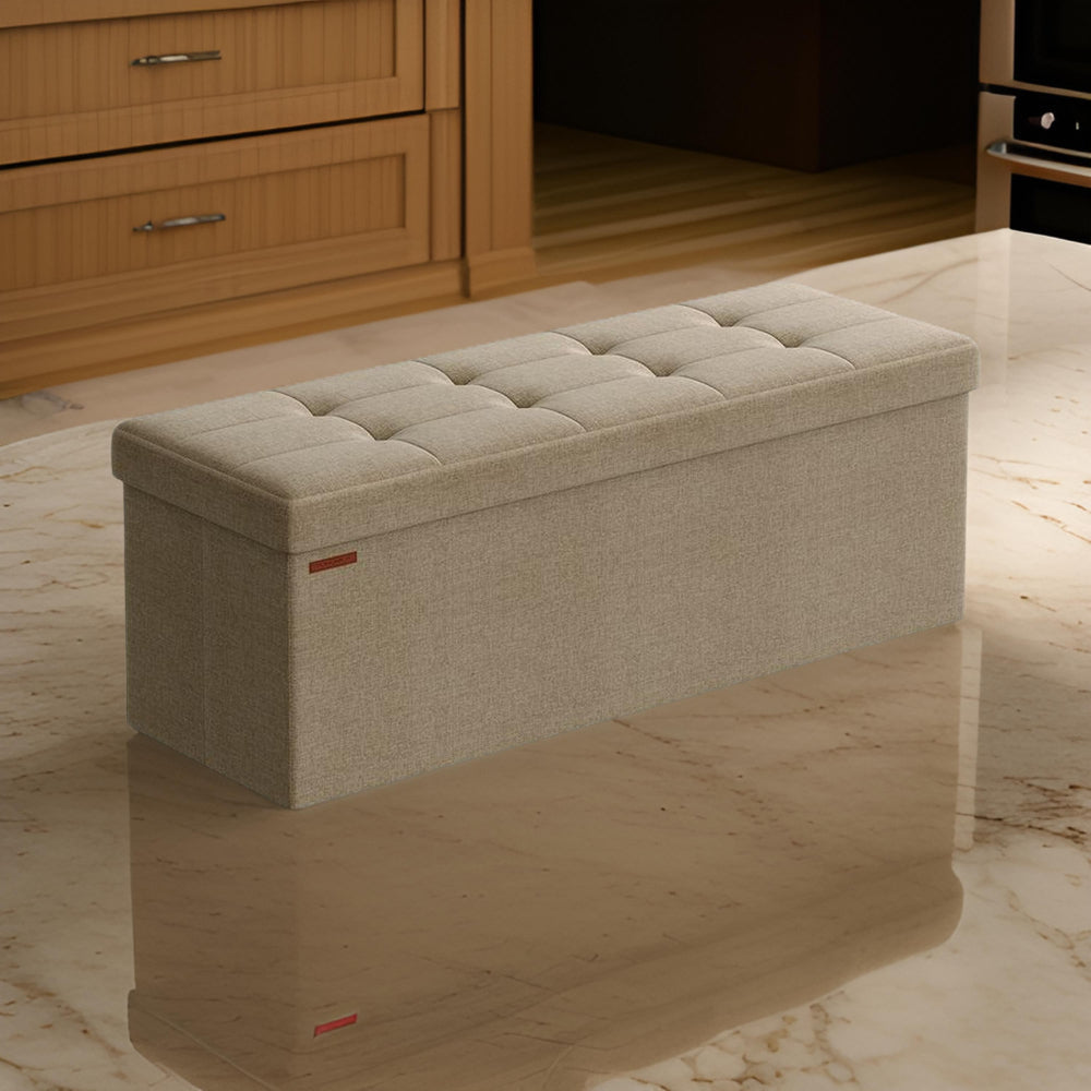 Zok 43 Inch Folding Storage Ottoman Bench, Tufted, Removable Top, Taupe By Casagear Home