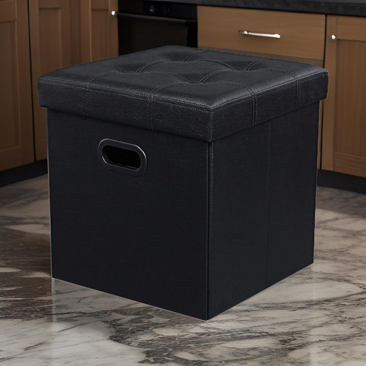 Digi 15 Inch Folding Storage Ottoman, Cushioned, Removable Lid, Black By Casagear Home