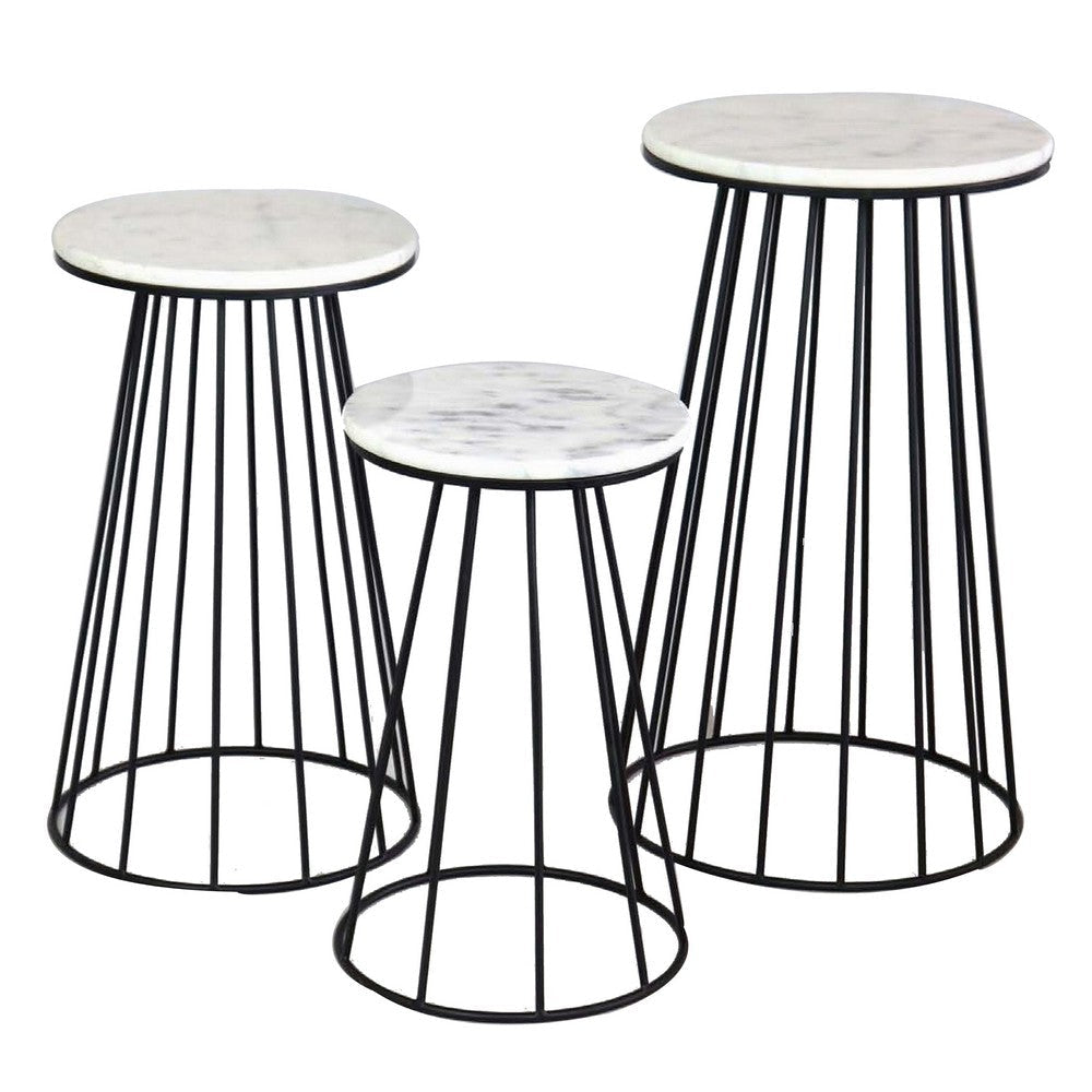 30 Inch Plant Stand Side Table Set of 3 Round Marble Top Tapered Black By Casagear Home BM315880