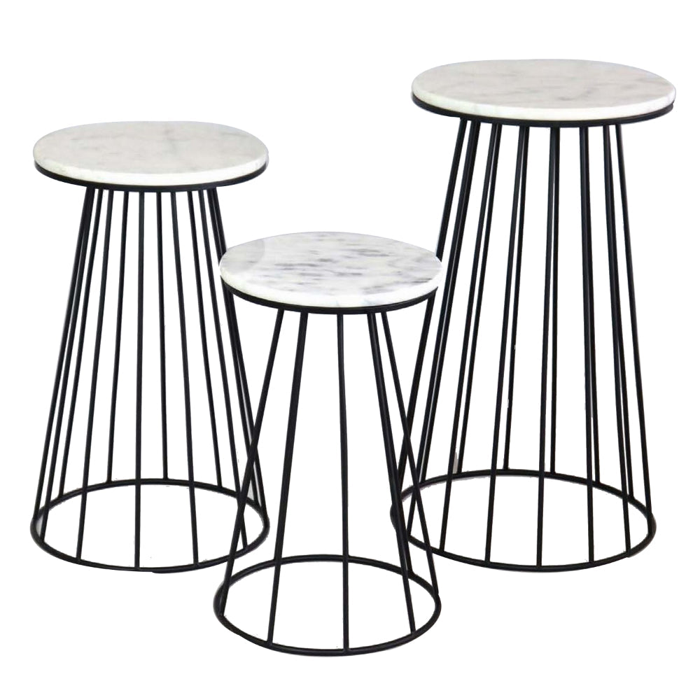 30 Inch Plant Stand Side Table Set of 3, Round Marble Top, Tapered, Black By Casagear Home