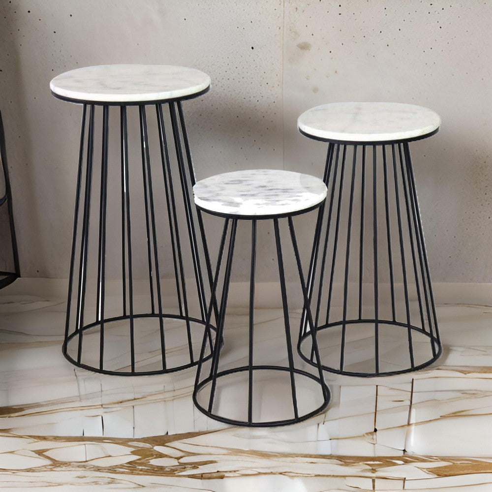 30 Inch Plant Stand Side Table Set of 3, Round Marble Top, Tapered, Black By Casagear Home