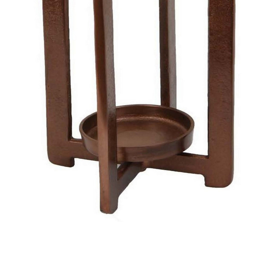 Eya 21 Inch Modern Tabletop Candle Lantern with Round Plate Copper Metal By Casagear Home BM315882