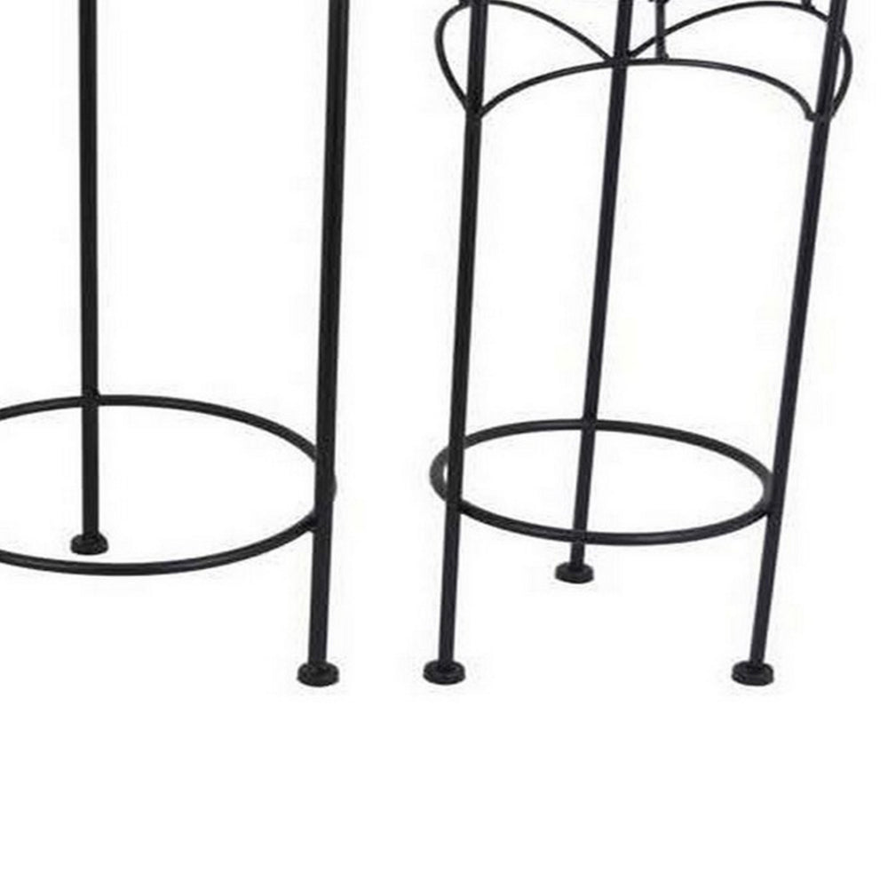 Gyi Nesting Plant Stand Side Table Set of 3, Round Carved Top, Black Metal By Casagear Home