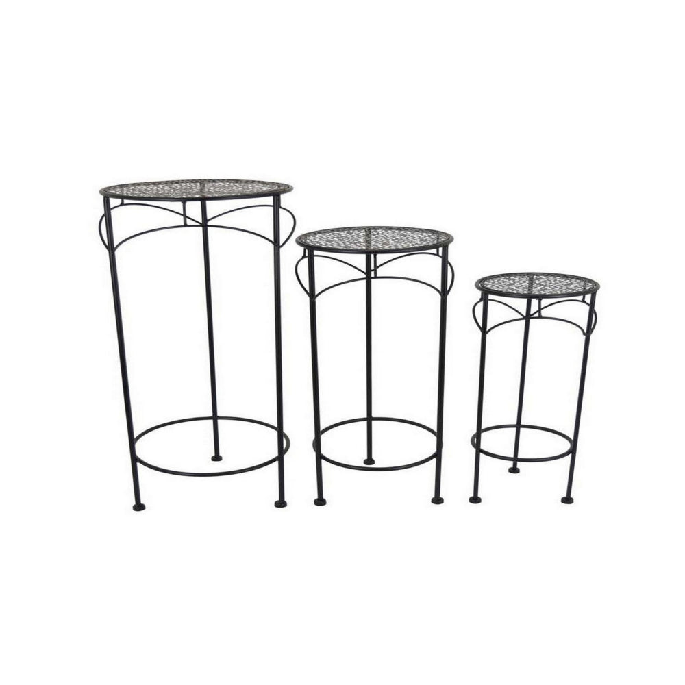 Gyi Nesting Plant Stand Side Table Set of 3, Round Carved Top, Black Metal By Casagear Home