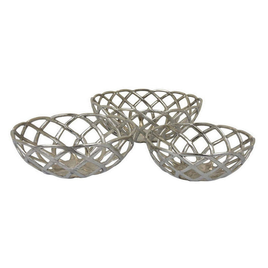 Lyna 17 Inch Modern Decorative Basket Set of 3, Open Weave, Chrome Metal By Casagear Home
