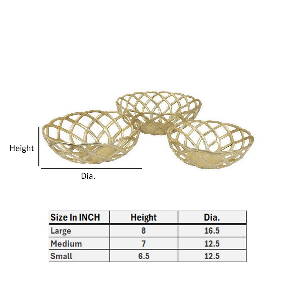 Lyna 18 Inch Modern Decorative Metal Basket Set of 3, Gold Color By Casagear Home
