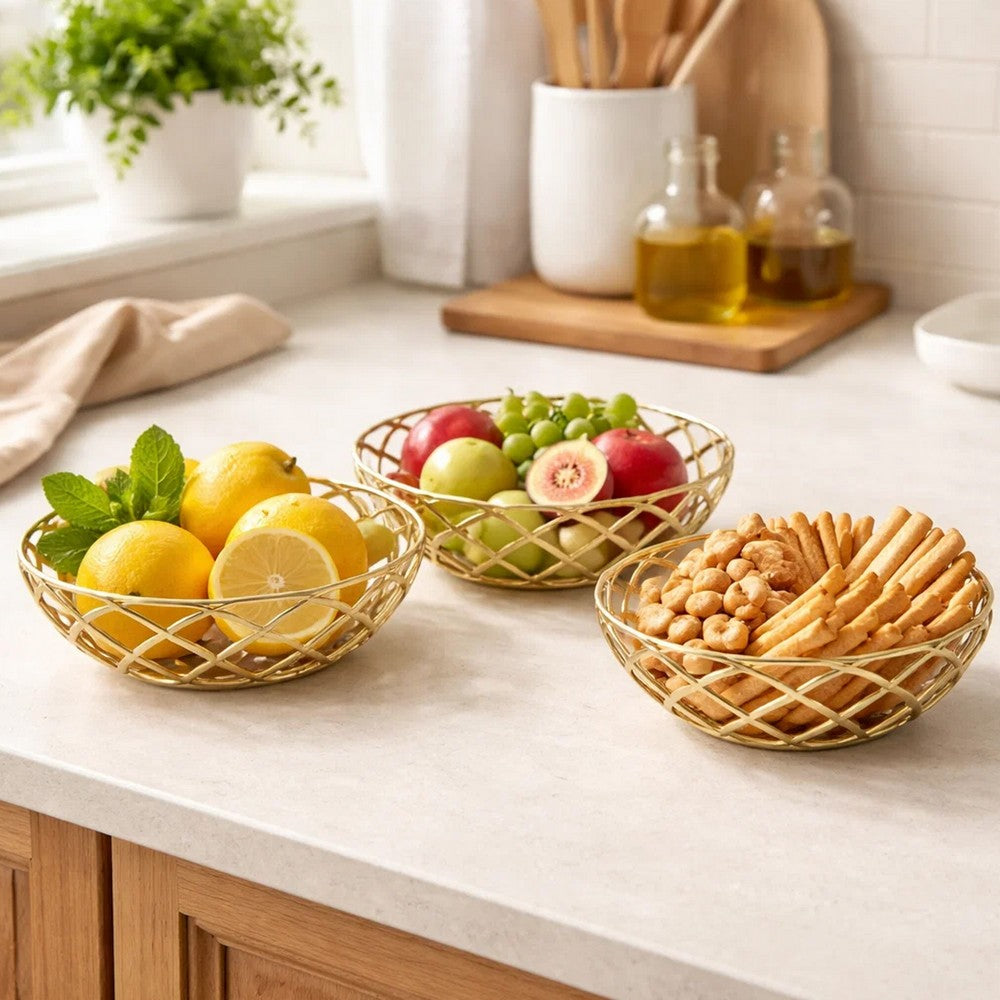 Lyna 18 Inch Modern Decorative Metal Basket Set of 3, Gold Color By Casagear Home