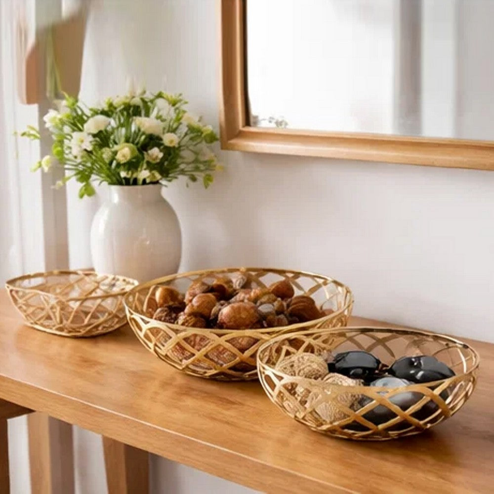 Lyna 18 Inch Modern Decorative Metal Basket Set of 3, Gold Color By Casagear Home