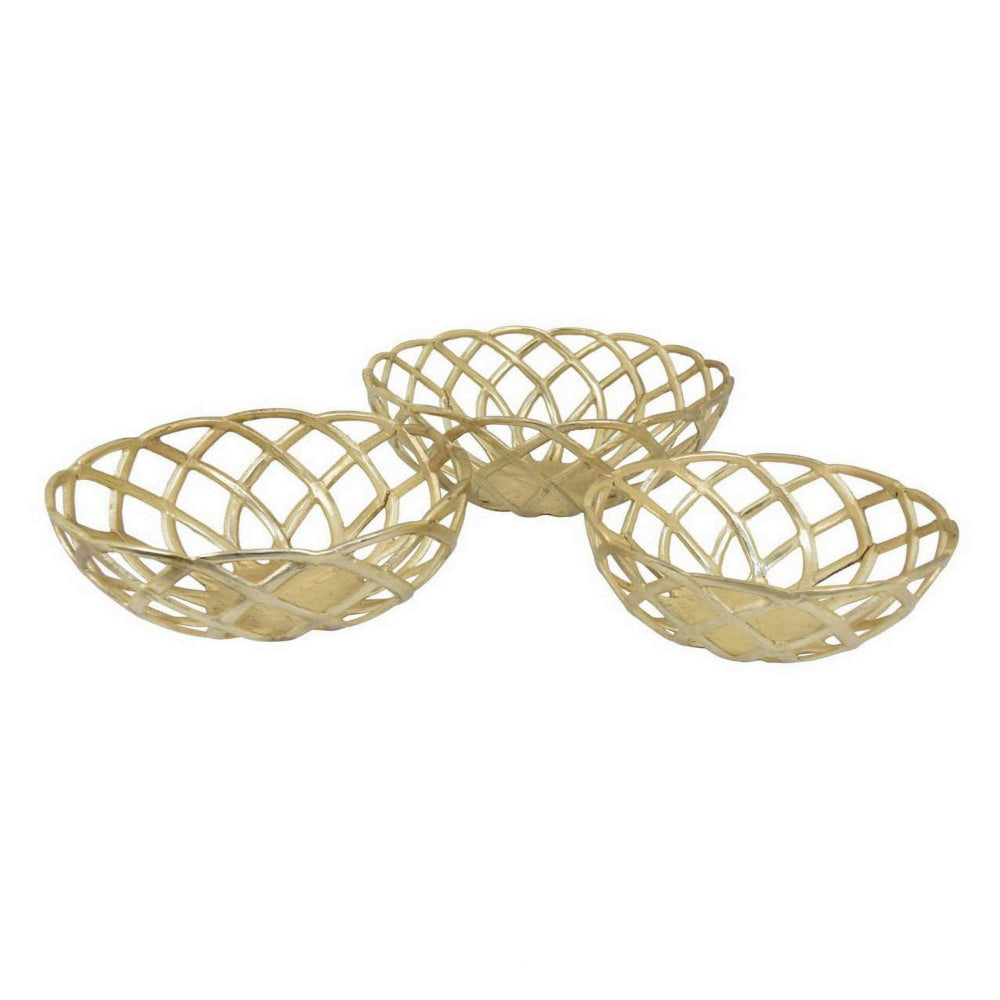 Lyna 18 Inch Modern Decorative Metal Basket Set of 3, Gold Color By Casagear Home