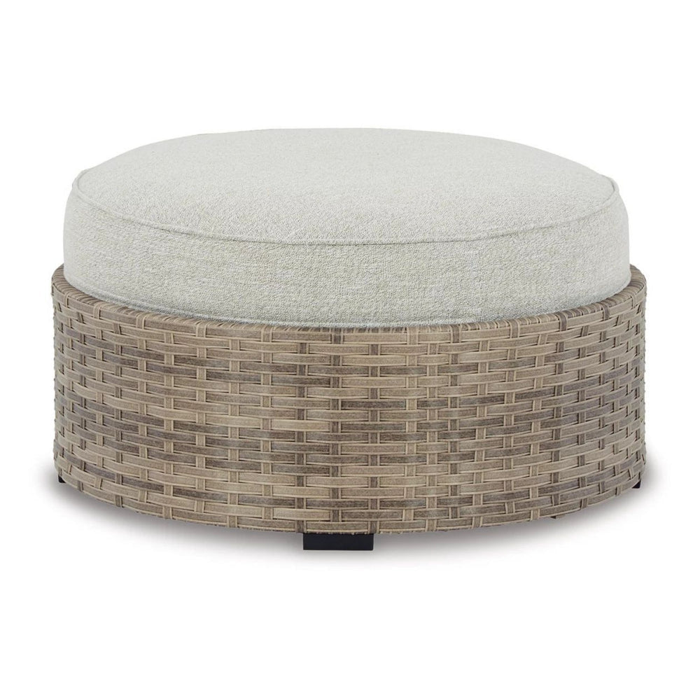 Walter 35 Inch Outdoor Ottoman with Round Cushion Top, Resin Wicker, Beige By Casagear Home