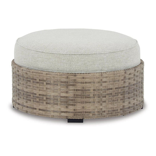 Walter 35 Inch Outdoor Ottoman with Round Cushion Top, Resin Wicker, Beige By Casagear Home