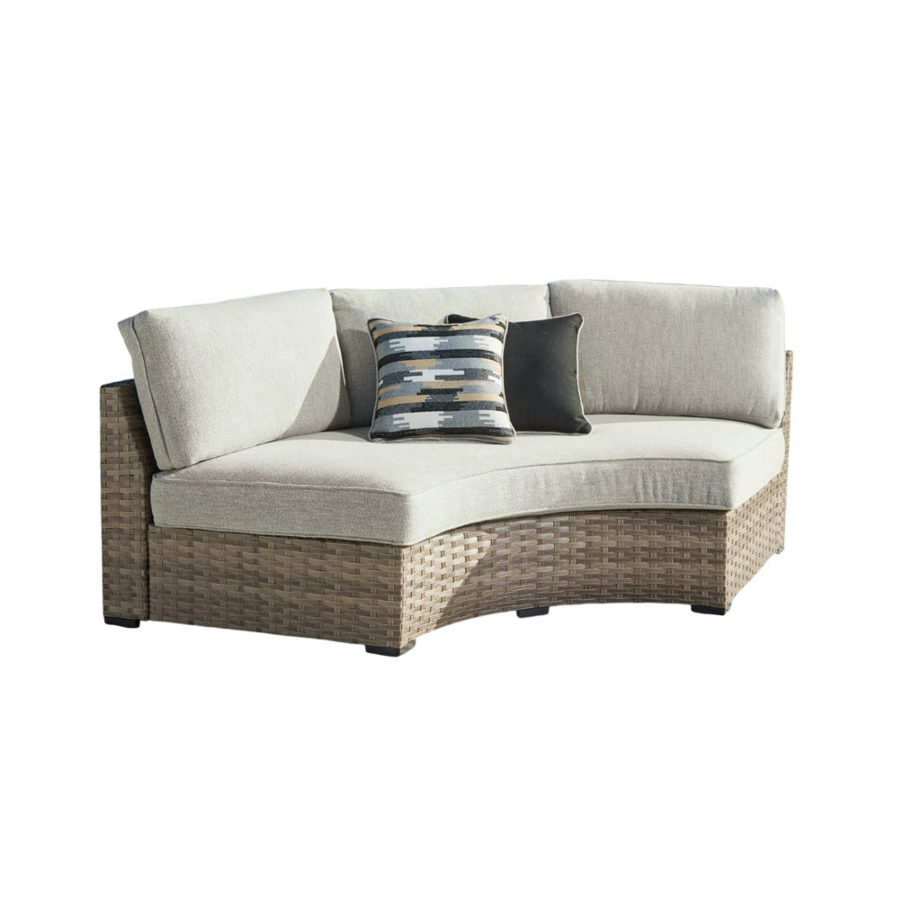 Walter 85 Inch Outdoor Loveseat Curved 2 Pillows Beige Resin Wicker By Casagear Home BM315912