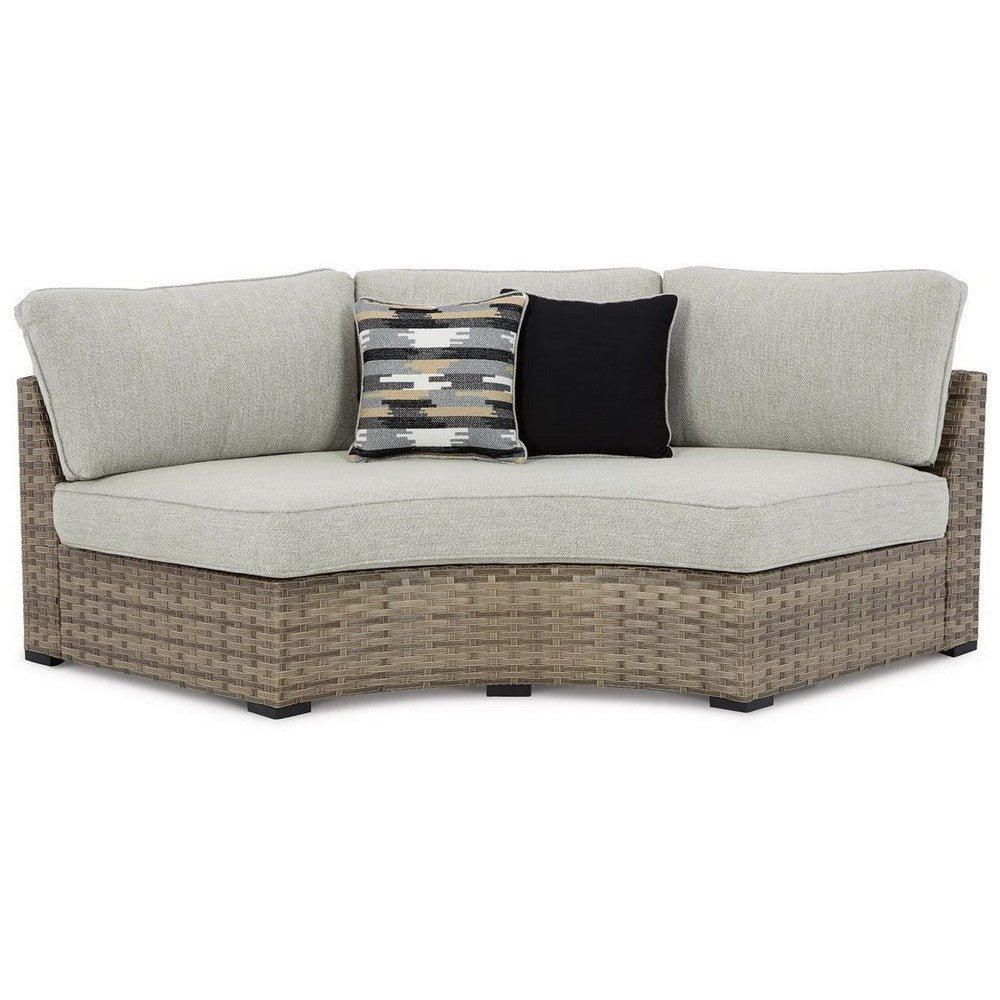 Walter 85 Inch Outdoor Loveseat, Curved, 2 Pillows, Beige Resin Wicker By Casagear Home