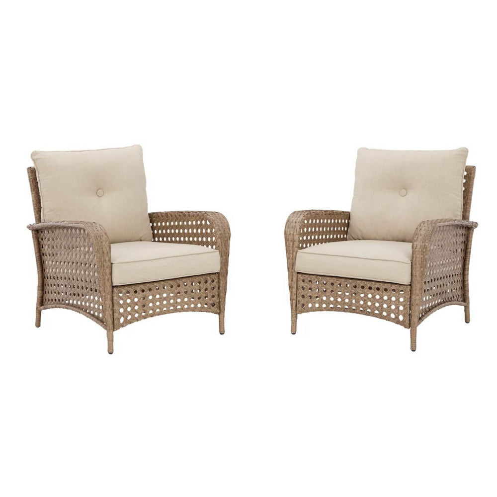 Miky 33 Inch Lounge Chair Set of 2, Cushioned, Brown Resin Wicker, Beige By Casagear Home