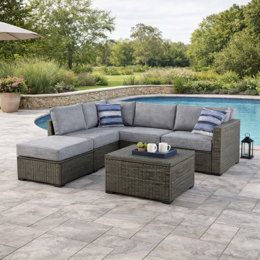 Ashley 4 Piece Outdoor Sectional Sofa, Chaise, Table, Pillows, Gray