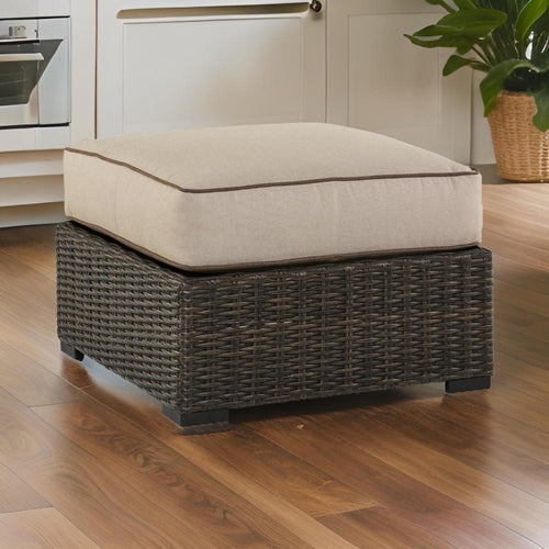 Ashley Waga 29" Outdoor Ottoman, Resin Wicker, Brown, Beige Cushion